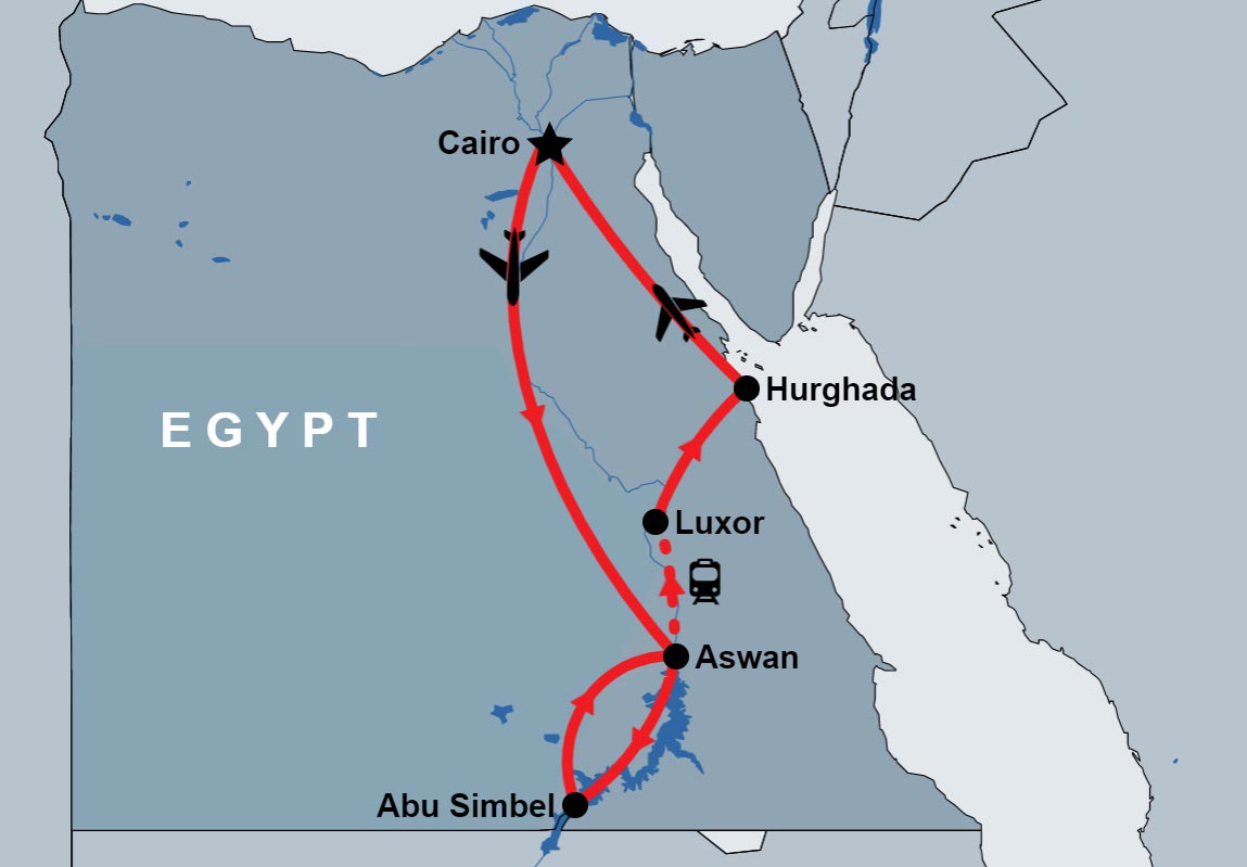 8 Day Cairo, Aswan, Abu Simbel, Luxor and Hurghada map 8 Day Cairo, Aswan, Abu Simbel, Luxor and Hurghada map