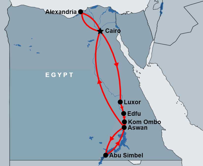 9 Day Cairo, Alexandria, Luxor, Edfu, Kom Ombo, Aswan, Abu Simbel map 9 Day Cairo, Alexandria, Luxor, Edfu, Kom Ombo, Aswan, Abu Simbel map