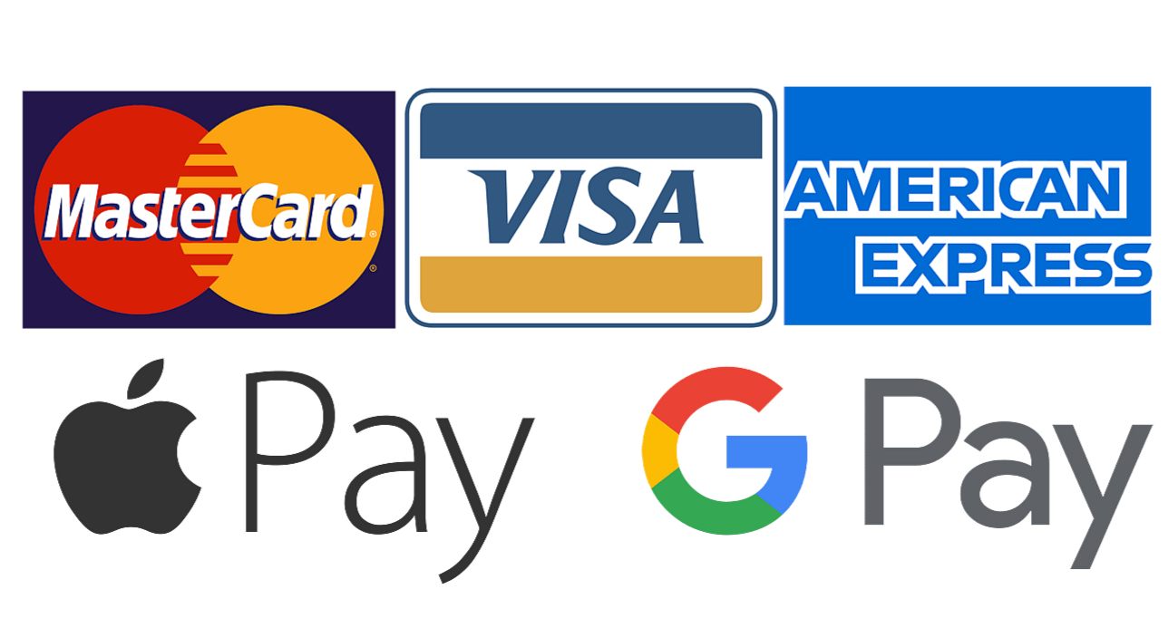 Accepted payment methods: Visa, Mastercard, American Express, Apple Pay, and Google Pay